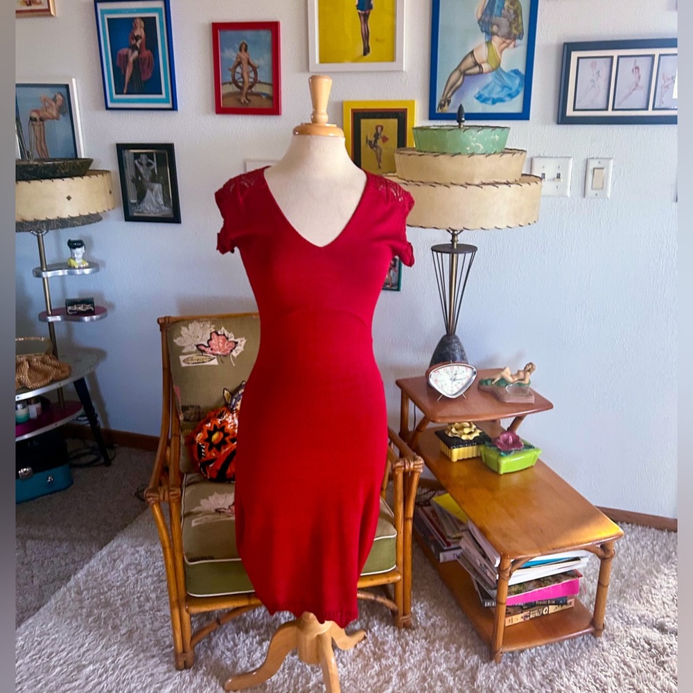 Retro 1950s Style Dress | Red | Wiggle | Sweater Knit |  S M | Bette Paige | 50s